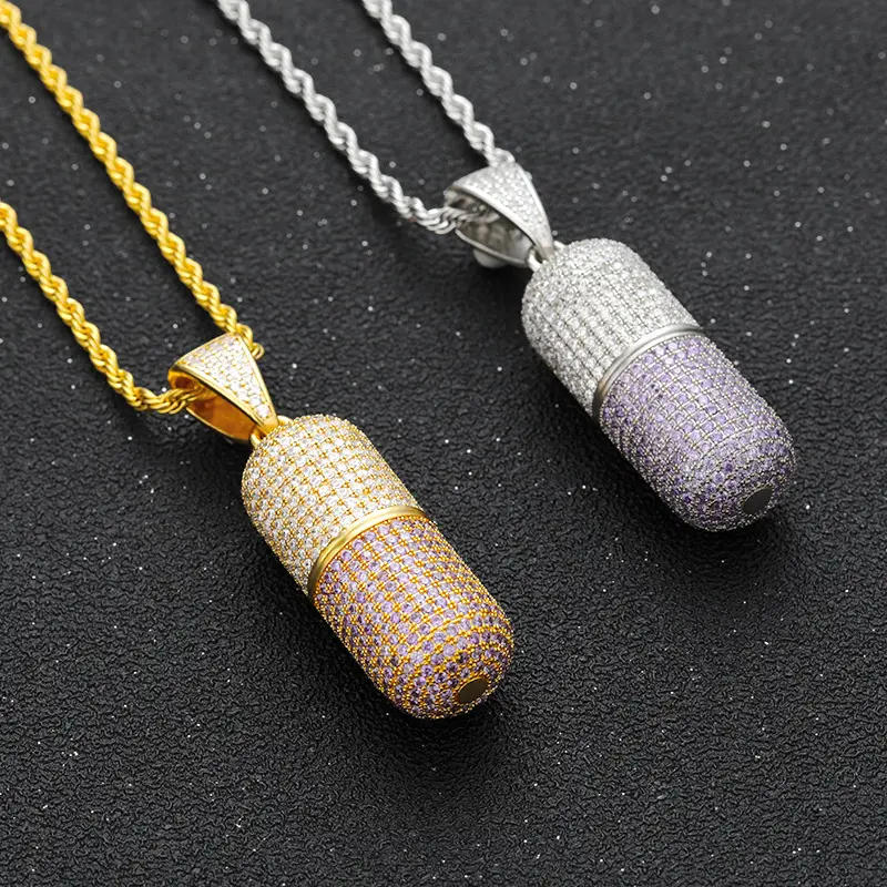 Volle kubische Zirkon Pille Kapsel Anhänger Hip Hop Halskette Bling Iced Out Kupfer Medaillon Rapper Schmuck Abnehmbares Geschenk