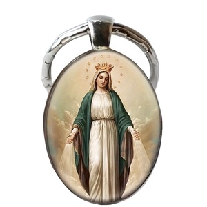 Metal Glass Catholic Blessed Virgin Mary Keychain Christian Religious Time Gem Prayer Bautizo Baptism Favors Jewelry Charms Gift