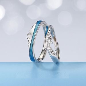 Bagues de couple tendance, ensembles de bagues de mariage pour couple, bagues ajustables ouvertes personnalisées, design montagne et mer, bague en diamant - Product Image 2