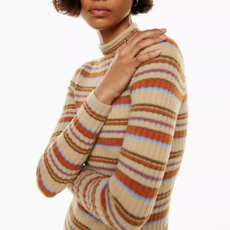 Fashion winter Copper Red 100% nylon stripe pullover turtleneck women's sweater Knit mock-neck dress