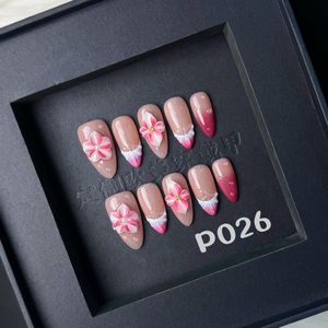 Nueva uña falsa de almendra brillante reutilizable 3D flor almendra Simple elegante <span class=keywords><strong>manicura</strong></span> 10 Uds blanco francés hecho a mano prensa en las uñas - Product Image 3