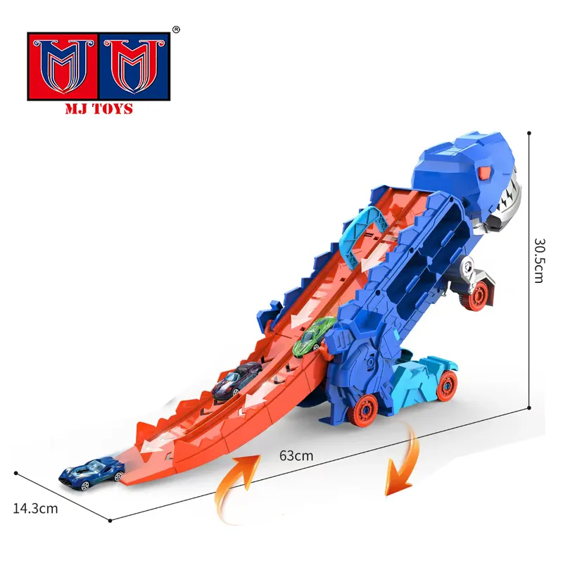 Transformación de plástico plegable para niños 2 en 1 con 2 vehículos de almacenamiento de coche fundidos a presión juguete devorador dinosaurio carrera pista coche conjunto Juguetes