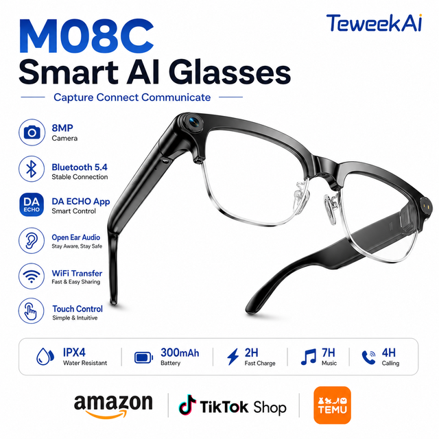 M08C AI Smart Glasses 8MP Camera 1080P Video Photo  WiFi Transfer Voice Assistant Outdoor Travel Eyewear
