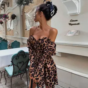Party Kleid 2021 Elastic Leopard Print Dresses Sexy Off Shoulder Long Sleeve Low Cut A Line Short Pleated Night Dress