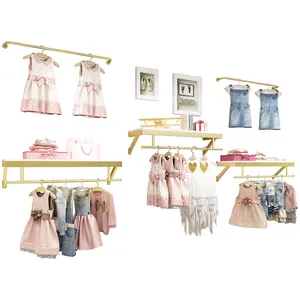 精品布店货架展示不锈钢壁挂式儿童服装架金属闪亮金色儿童服装架