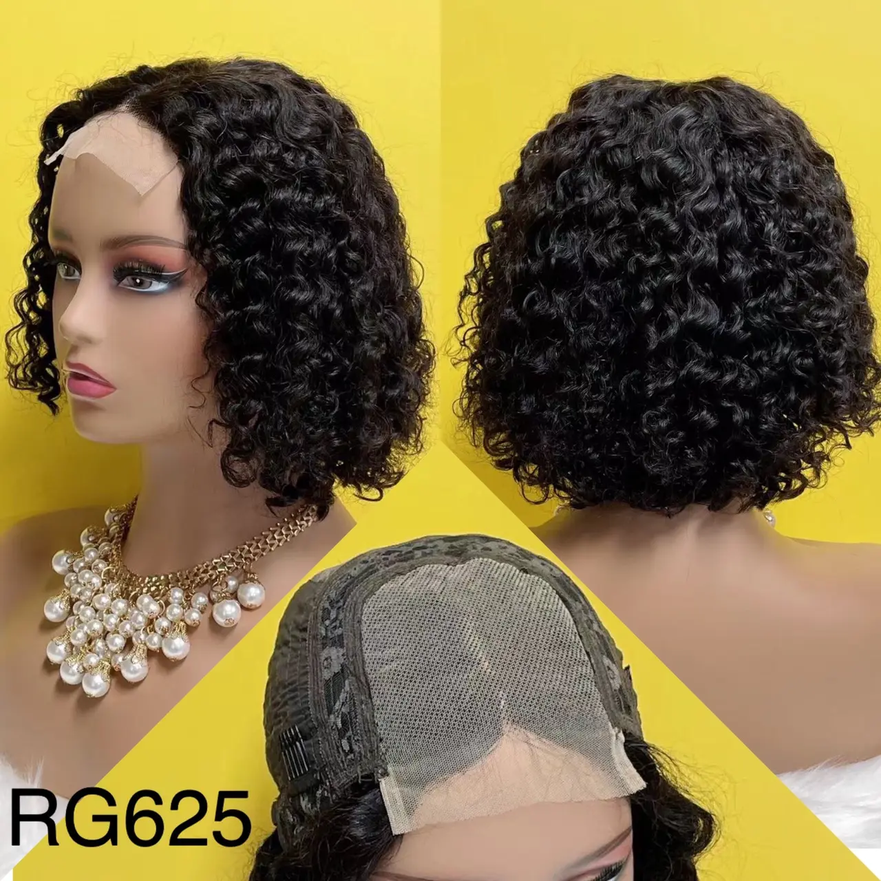 RG625-Peluca de cabello virgen con cierre bob, Pelo Rizado Jerry de 10 pulgadas, 4x4, color natural, 150 gramos, 150% de densidad, venta al por mayor, cierre de encaje