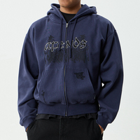 Hoodie Zipper Boxy Bordir Gothic Fleece Streetwear Berkualitas Tinggi dengan Logo Kustom OEM, Acid Wash, Drop Shoulder, untuk Pria