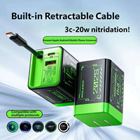 Adaptateur de chargeur multi-ports GaN 20W avec câble rétractable, charge rapide PD QC, prise US EU UK pour iPhone Android Samsung