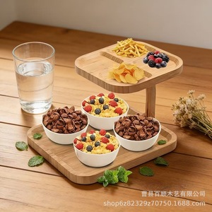 Bandeja de servir de bambú de doble capa, color madera natural, escalonada, para aperitivos, postres, fiestas, exhibición de alimentos - Product Image 2