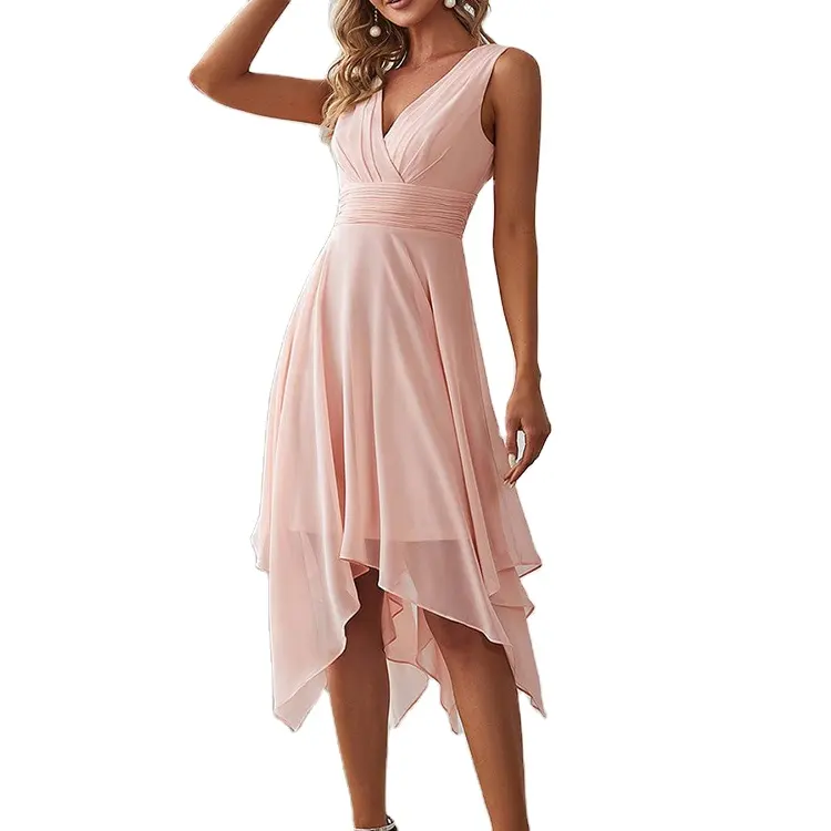 2023 OEM Hot V Neck Ruched Asymmetrical Hems Midi Chiffon Bridesmaid Dress Casual Dresses for Women