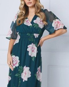 Robe midi en mousseline florale, imprimée numériquement, écologique, style doux vintage, décontractée, printemps-été, avec taille froncée et ourlet à volants - Product Image 3