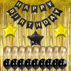 Kit de decoración dorado y negro, flecos metálicos dorados, cortinas brillantes, cartel de feliz cumpleaños con globos de aluminio de estrella de látex