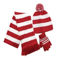 Ensemble bonnet, écharpe et gants d'hiver personnalisés à logo, en acrylique uni à rayures, avec pompon, pour enfants - Prix abordable