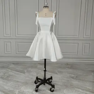 100% Real Photos Square Collar Low Back Mikado Mini Wedding Dress For Women Bride Gowns With Detachable Bow Vestido De Novia