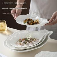 Originele oester-schelpvormige ondiepe keramische schaal voor thuis, café, afternoon tea, fruit, snacks, desserts, dagelijkse porties en tafeldecoratie