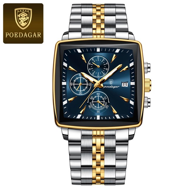 POEDAGAR 866 Elegant Stainless Steel Wristwatch Reloj Montre Waterproof Luminous Luxury Square Chronograph Quartz Men's Watches