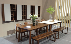 Solid Wood Rectangular <strong>Dining</strong> <strong>Table</strong> <strong>With</strong> Curved Edge and 4 Wooden Chairs 1 Long <strong>Bench</strong> 6 Pieces of Set Walnut <strong>Dining</strong> Room Set - Product Image 4
