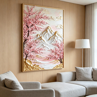 Peinture à l'huile 3D personnalisée peinte à la main, effet impasto, fleurs de cerisier, montagne enneigée, relief texturé, toile murale