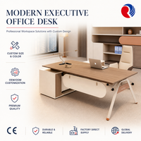 Bureau de direction en forme de L en bois de noyer avec armoire latérale blanche crème et éclairage LED, design flottant, bureau de direction pour PDG