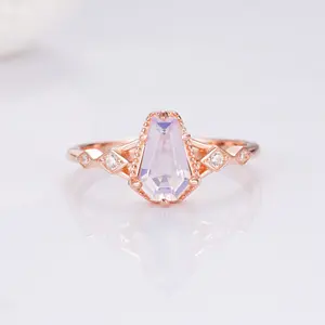 925 Sterling Silver Natural Lavender Quartz Jewelry Rose Gold Plating Coffin Cut Natural Lavender Quartz Fancy Ring For Girl