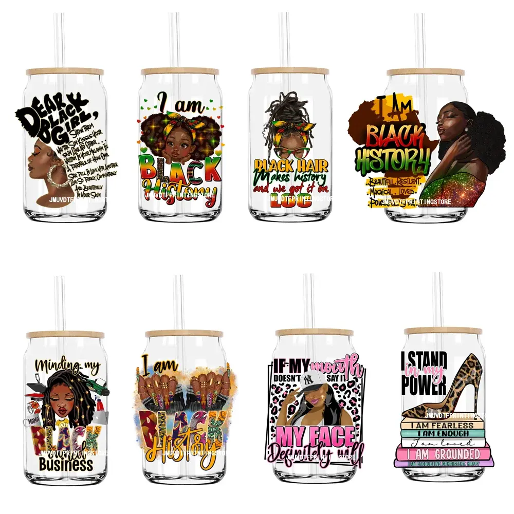 I Am Black History UV DTF Sticker per 16OZ libey Glass Can Afro Girl Wrap Transfer Sticker etichette personalizzate Logo DIY JM