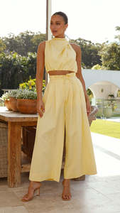 Set Estivo Casual Personalizzato con Top Corto Senza Maniche e <span class=keywords><strong>Pantaloni</strong></span> a Gamba Larga Abbinati, 2 Pezzi 100% <span class=keywords><strong>Lino</strong></span> per Donna - Product Image 4