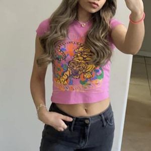 FOXA Women's Crop <b>Top</b> <b>Tiger</b> <b>Print</b> Pink Short Sleeve Crew Neck Y2K Aesthetic T Shirt 100% Cotton - Product Image 4
