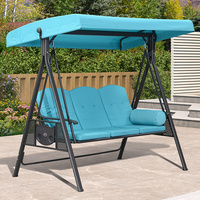 Chaise suspendue moderne en acier pour l'extérieur, en vert herbe et bleu ciel, balançoires de jardin pour 3 personnes avec pare-soleil en rotin