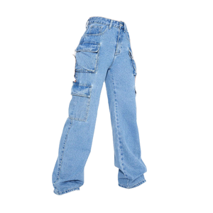 Pantalones Cargo Bajos de Mezclilla para <span class=keywords><strong>Mujer</strong></span> al por Mayor, Estilo Cool Girl, con Bolsillos, Vintage, de Pierna Ancha, Holgados, de Poliéster/Algodón - Product Image 1