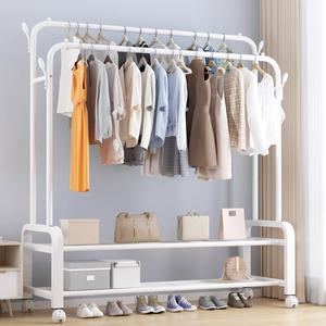 बहु-कार्यात्मक घरेलू धातु आयोजक मुक्त-चलती डबल रॉड पोर्टेबल कपड़े रैक हुक और रोलर्स के साथ - Product Image 3