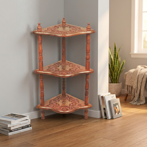 Brown Wooden Traditional Modern Polished Corner Shelf <b>Unit</b> <b>Wall</b>-Mounted Bookcase Display Storage Rack <b>for</b> Home Office Living - Product Image 3