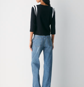 T-shirt da <span class=keywords><strong>donna</strong></span> <span class=keywords><strong>a</strong></span> maniche <span class=keywords><strong>a</strong></span> 3/4 girocollo, casual sportiva, nera con strisce <span class=keywords><strong>a</strong></span> contrasto <span class=keywords><strong>bianche</strong></span> sulle spalle, trendy, morbida per tutti i giorni - Product Image 3