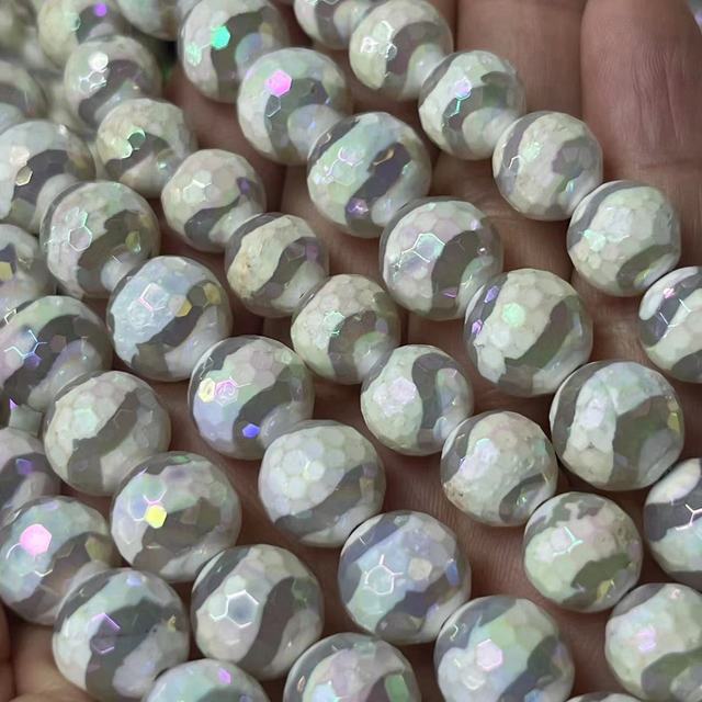 White Coating Plating Blue Light AB Dzi With White S Line 8-12mm Faceted Round Beads Special Stone Beads Approx:380mm/str