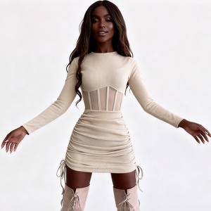 Robes pour femmes à col rond, sexy, à manches longues, à volants, en maille, avec laçage à la taille, tendance - Product Image 4