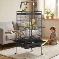 Grande cage d'activités pour perroquet avec aire de jeu supérieure, enclos en fer forgé sur roulettes, espace entre les barreaux sécurisé pour éviter les blessures aux oiseaux