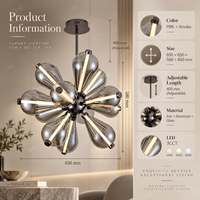 Lustre moderne de luxe avec globes en verre fumé en forme de goutte, bras rayonnants, moyeu en métal noir, sculpture lumineuse LED chaude, design élégant