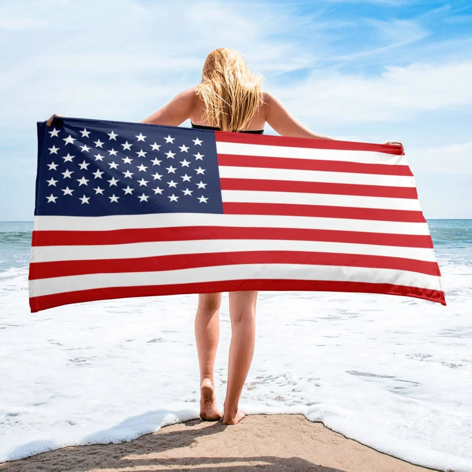 Sublimación de secado rápido personalizado rectángulo algodón impresión Digital de gran tamaño Bandera Nacional Americana Toalla de playa para adultos