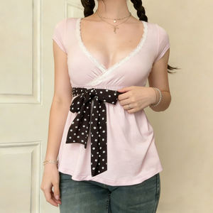 Camiseta de Verano para Mujer, Estilo Y2K, con Cuello en V, Cintura Ajustable, Manga Corta, Estampado de Lunares, Blusa Informal a la Moda - Product Image 2