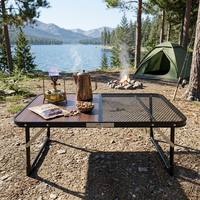 Table de camping pliable double face, panneau imitation bois et maille métallique, table pliante portable deux-en-un pour le camping et le barbecue