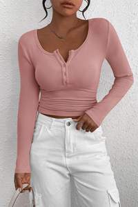 Femmes 2025 automne à manches longues t-shirts bouton côtelé tricot Slim Fit décontracté basique hauts Blouse - Product Image 6