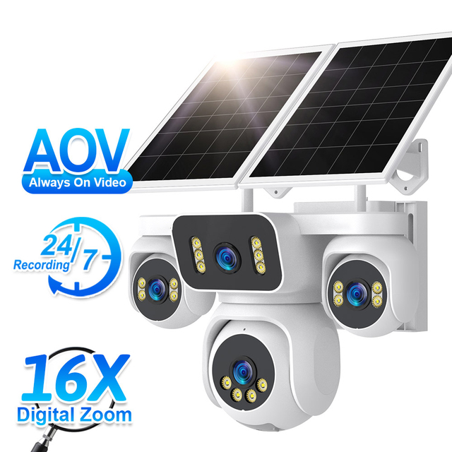 20MP 16X Zoom Four Lens Four Screen AOV IP 4G Wifi Sim Card Cctv Solar Panel Outdoor Full-Color Night Vision PTZ 4Lens Camera