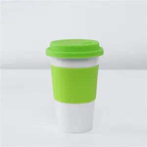 Eco 380Ml Karet Grip Double Wall Kopi Keramik Cangkir Promosi Logo Kustom Porselen Perjalanan Mug dengan Silikon Tutup