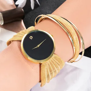 Correa de malla dorada de lujo Iced Out Watch Relogio Feminino Ladies Hip Hop Pulsera Relojes Set de regalo para mujeres