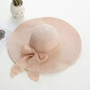 נשים מתקפלות כובע קש קיץ רחב ידיים רקמת חוף הגנה הגנה כובע קש לוגו מותאם אישית