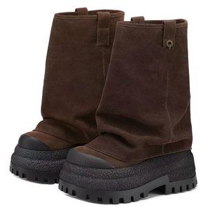 Women Thick Platform Half Knee Boots Fur Overlay Upper Mid-calf <b>Booties</b> Round Toe on Suede Camouflage Flat Shoes - Product Image 2