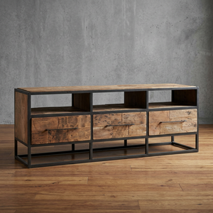 Industrial Farmhouse Style Iron Metal & Mango Wood Apartment Living Room <b>TV</b> Entertainment Cabinet with 3 Drawers - Product Image 3