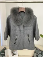 Poncho en tricot avec col en vraie fourrure de renard et de raton laveur, pour femme, manches courtes, vêtement d'extérieur chaud pour le bureau, automne-hiver