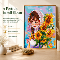 Kit de Peinture Diamantée Imprimée Fille Tournesol Dessin Animé + Art Floral Soleil + Diamants Scintillants Spéciaux + DIY Écologique Relaxant