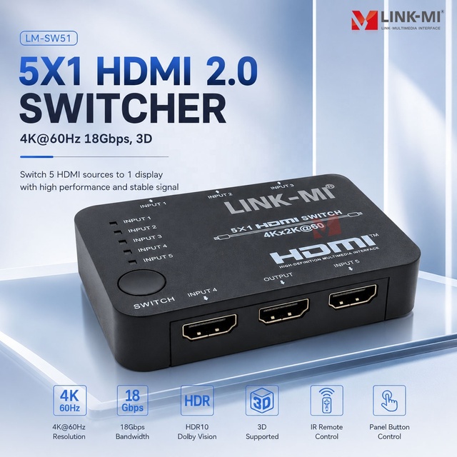 5x1 HDMI Switcher 4K 60Hz 18Gbps HDR HDMI 2.0 Switch Splitter Selector with IR Remote