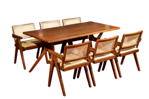 Modern Ash Wood <b>Dining</b> <b>Set</b> with Pierre Chair Walnut Leather Cushioned Seat & Rattan Back for Home & Villa Use - Product Image 6